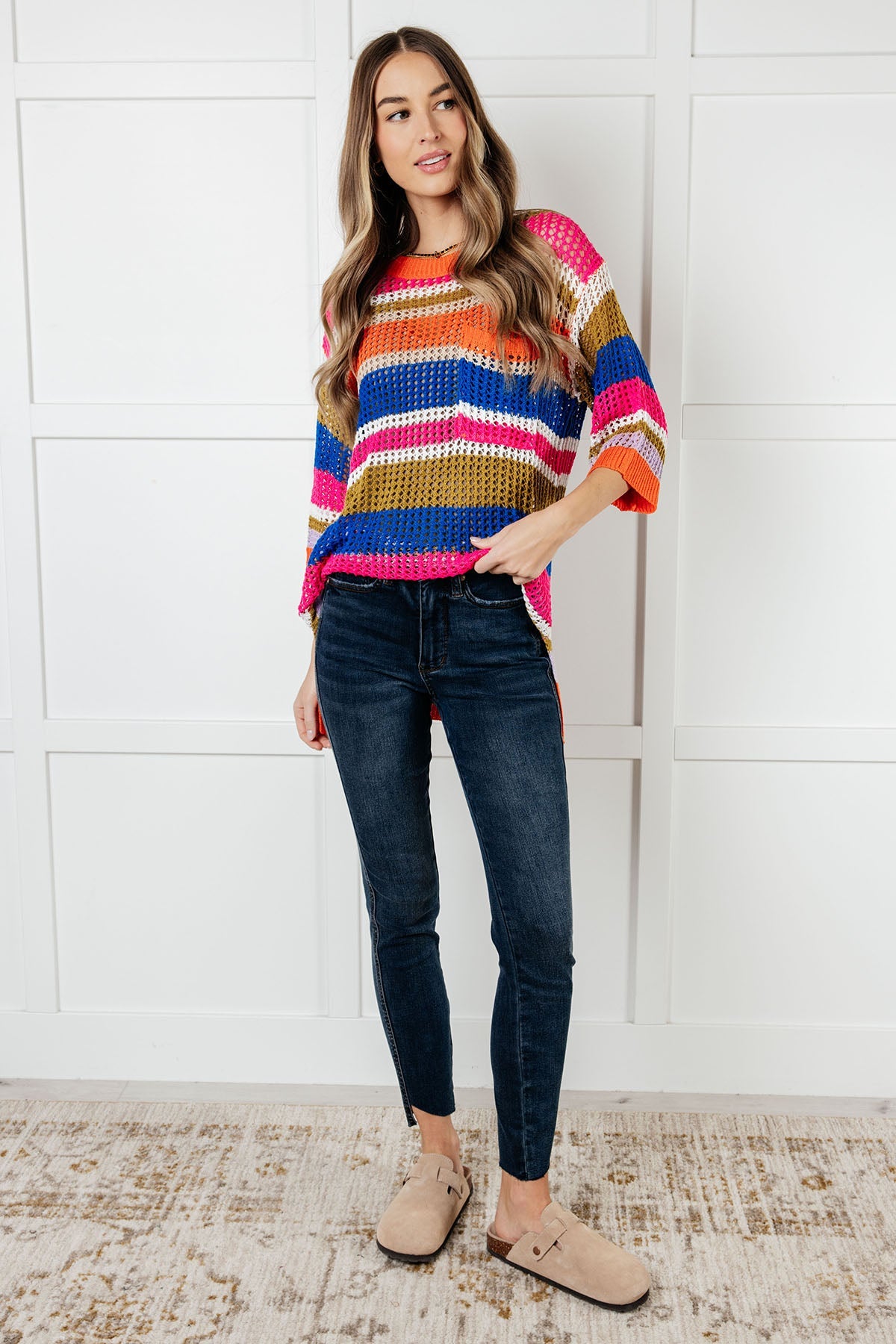 One Eleven North Deep Thoughts Striped Loose Knit Top Shirts & Tops