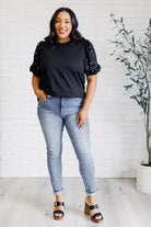 One Eleven North Diamonds and Pearls Puff Sleeve Top in Black Shirts & Tops