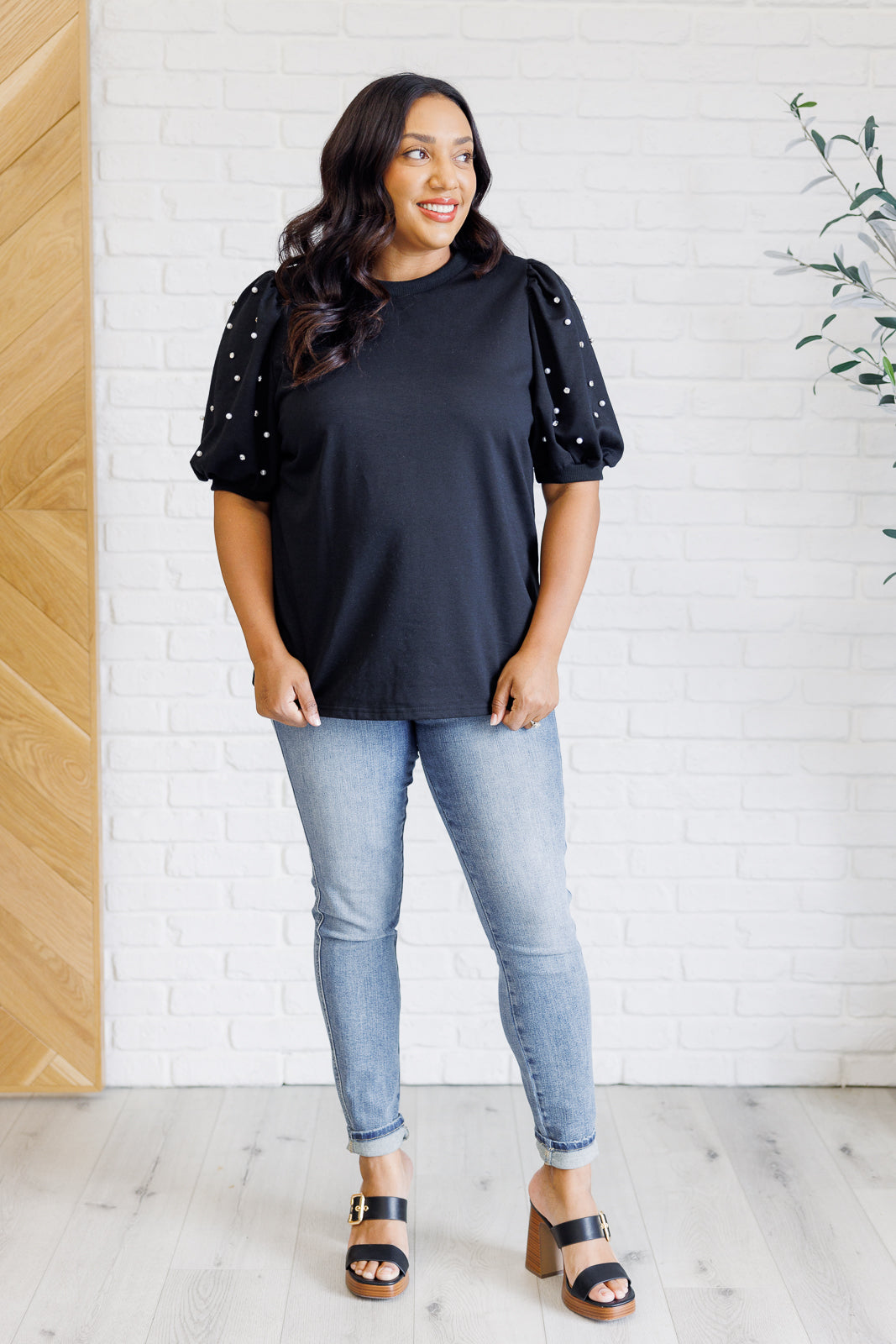 One Eleven North Diamonds and Pearls Puff Sleeve Top in Black Shirts & Tops