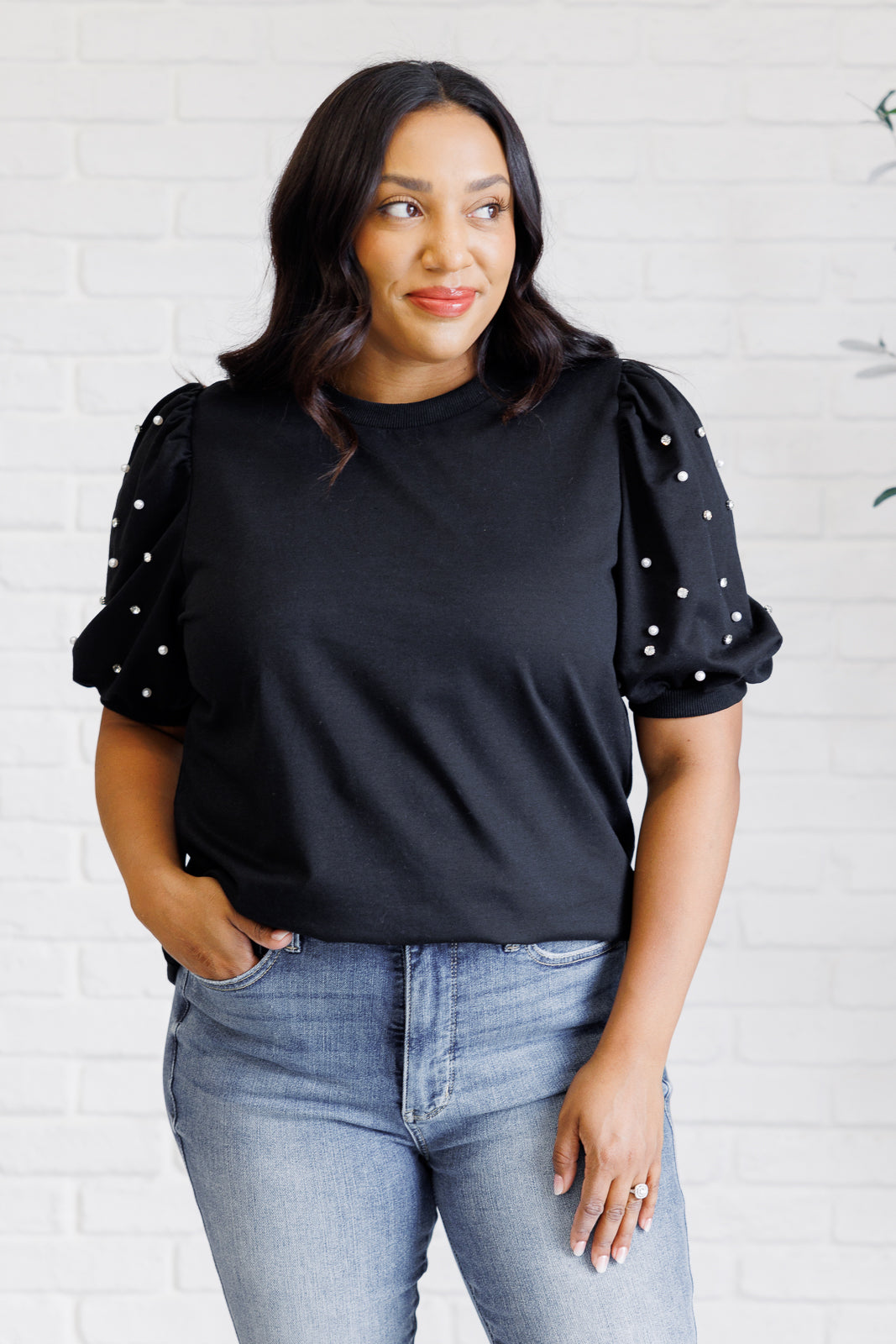 One Eleven North Diamonds and Pearls Puff Sleeve Top in Black Shirts & Tops