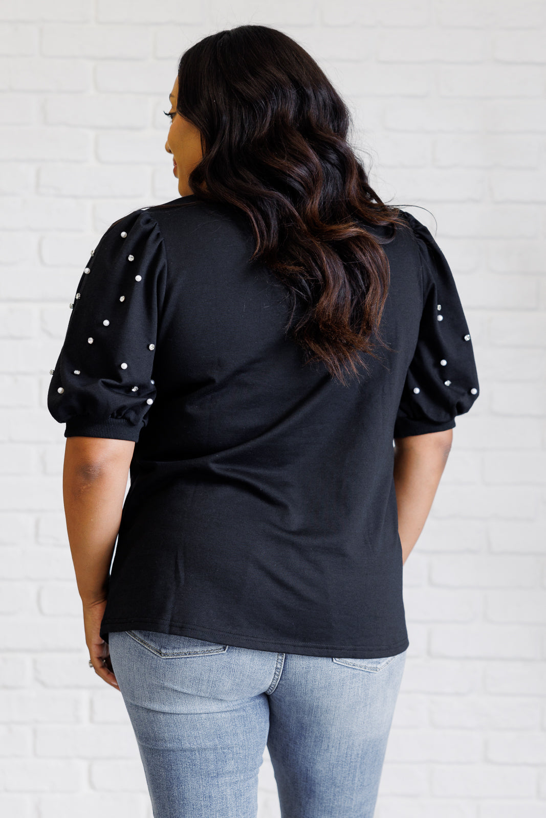 One Eleven North Diamonds and Pearls Puff Sleeve Top in Black Shirts & Tops