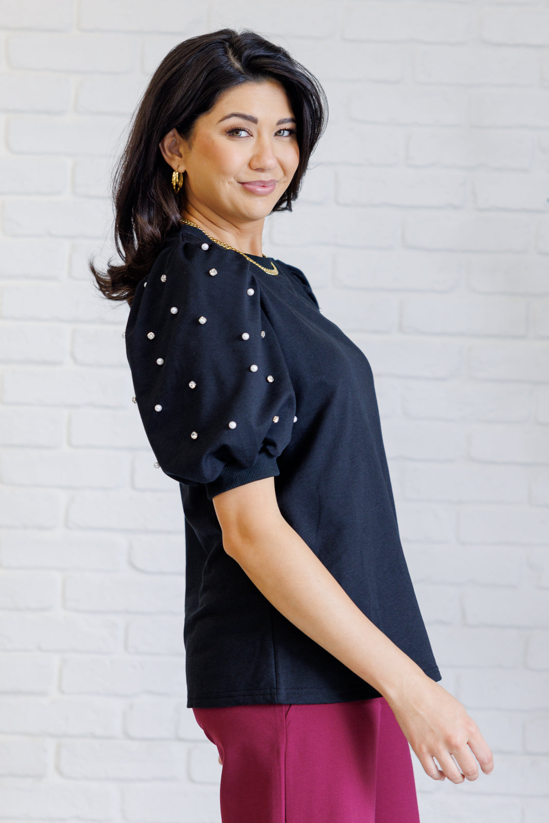 One Eleven North Diamonds and Pearls Puff Sleeve Top in Black Shirts & Tops