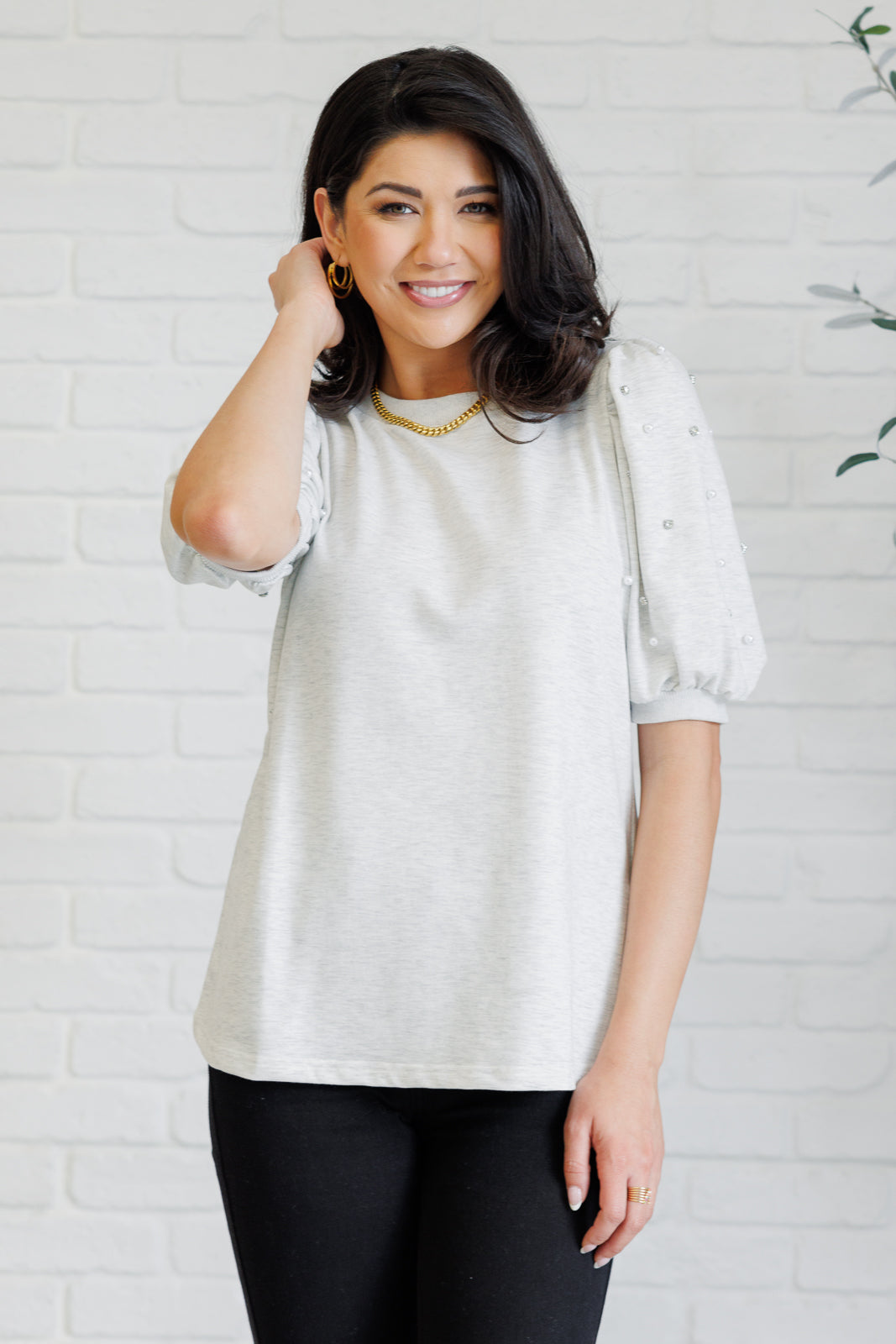 One Eleven North Diamonds and Pearls Puff Sleeve Top in Light Grey Shirts & Tops