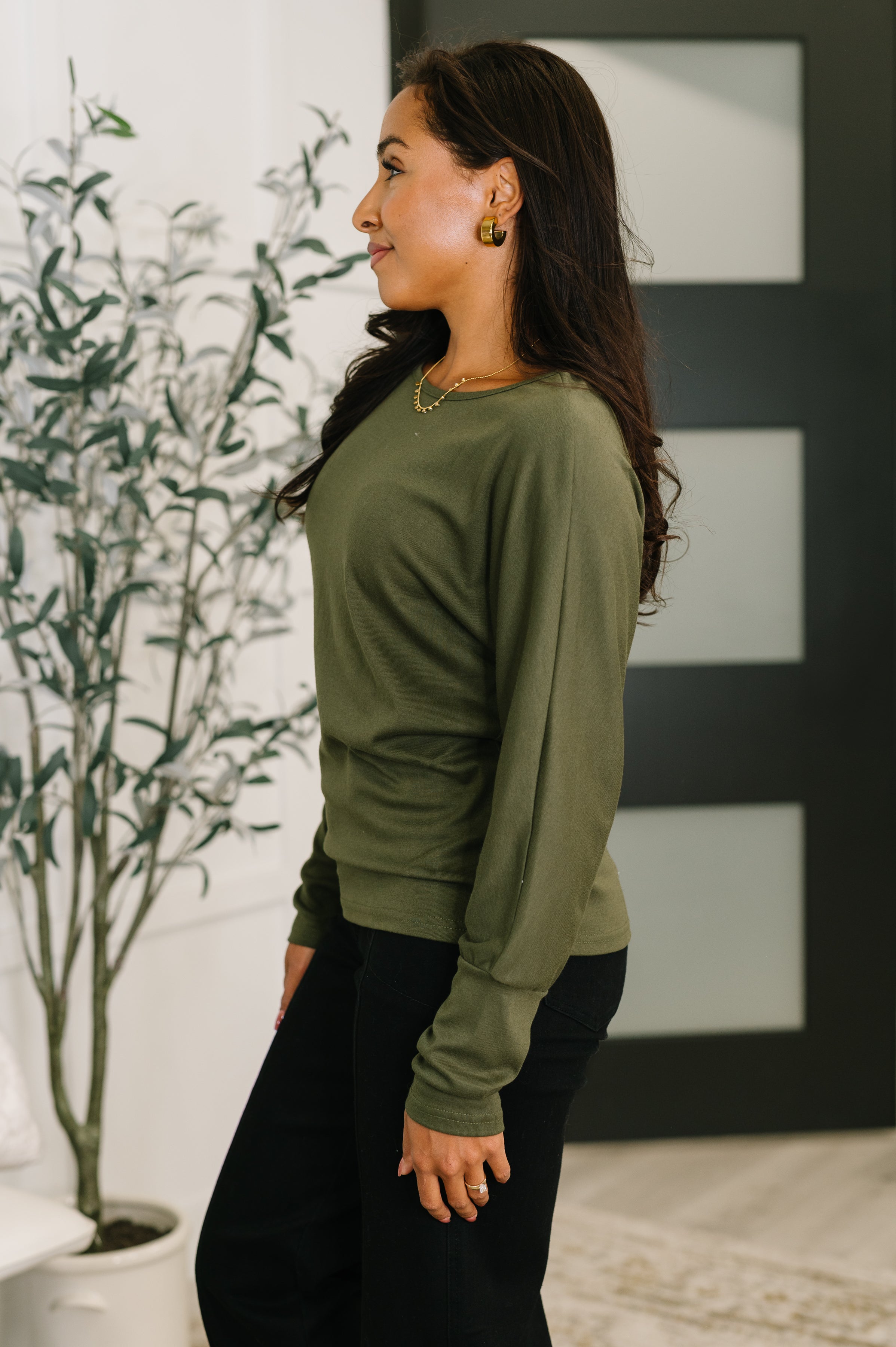 One Eleven North Dinner Plans Dolman Long Sleeve in Olive Womens