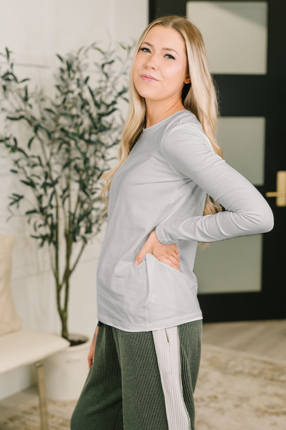 Zenana Down to the Basics Long Sleeve Top in Heathered Grey Womens