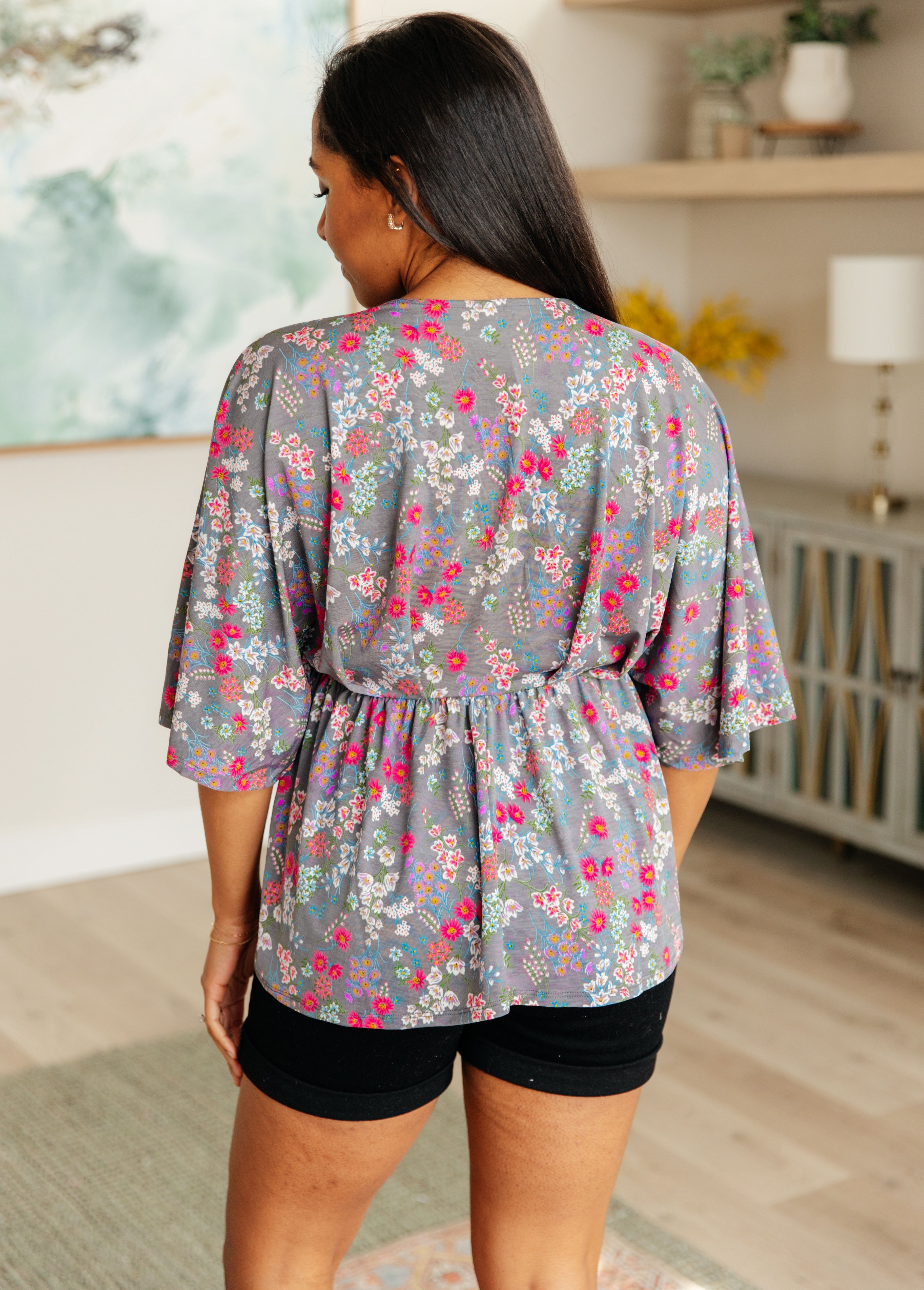 Dear Scarlett Dreamer Peplum Top in Grey and Pink Floral Ave Shops