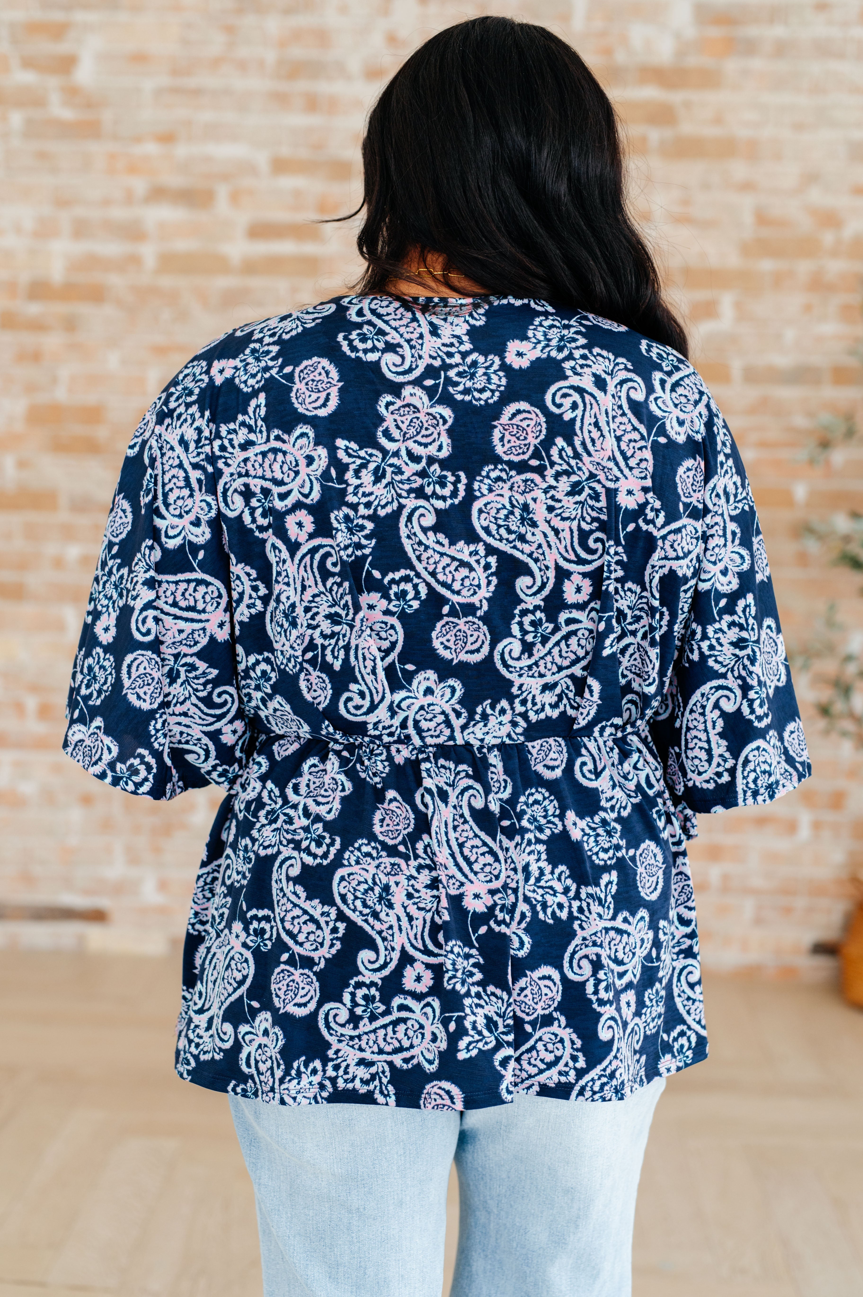 Dear Scarlett Dreamer Peplum Top in Navy and Pink Paisley Ave Shops