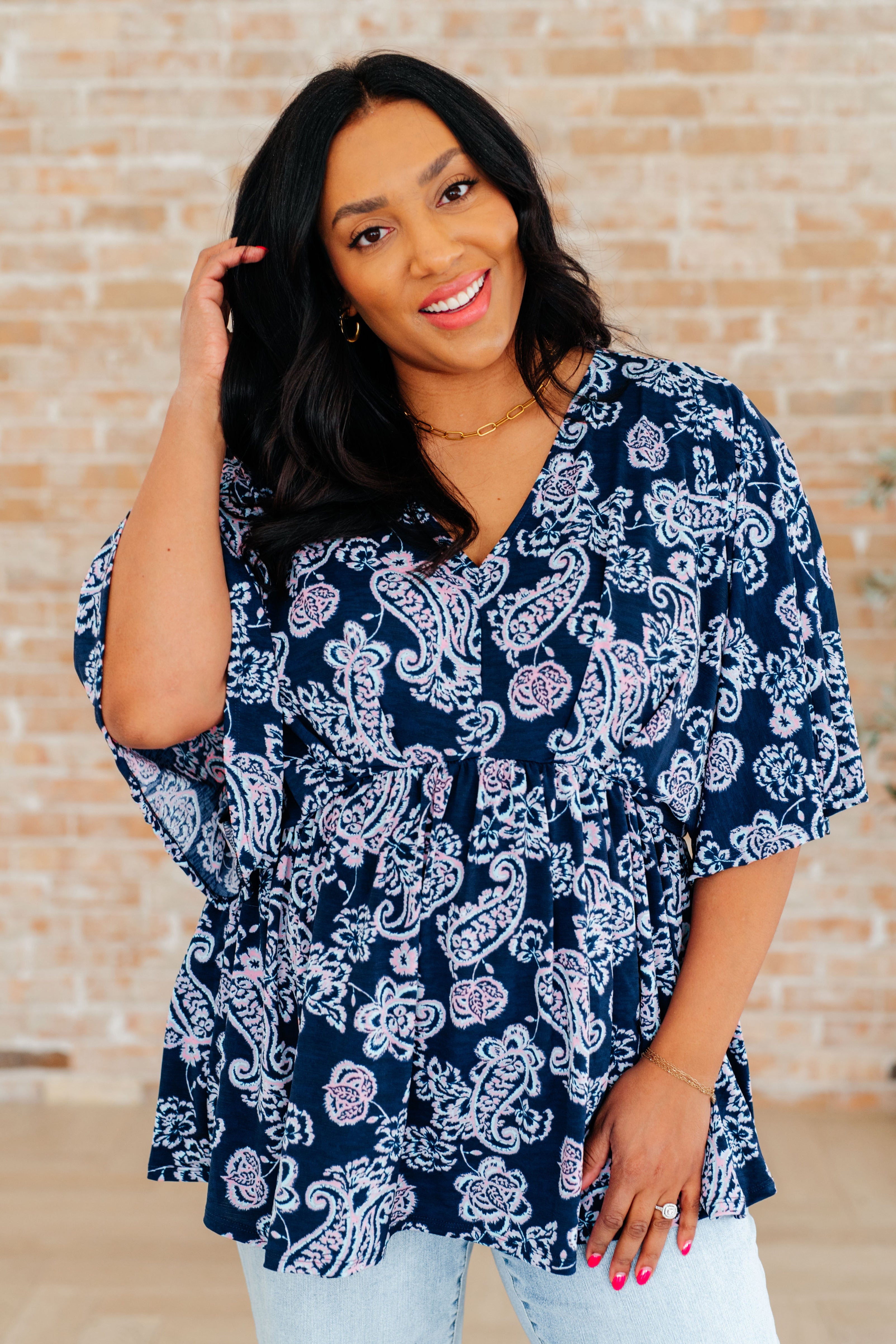 Dear Scarlett Dreamer Peplum Top in Navy and Pink Paisley Ave Shops