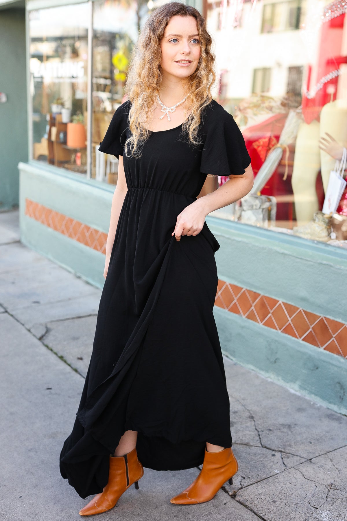 Beeson River In Your Dreams Black Flutter Sleeve Woven Maxi Dress Beeson River