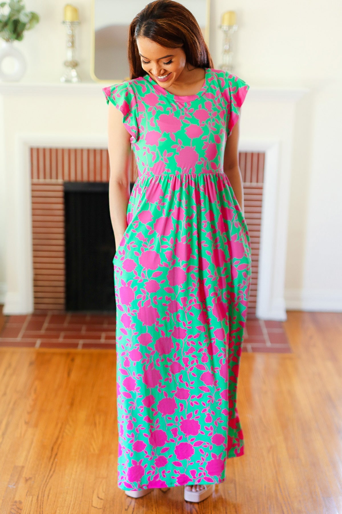 Haptics Stand Out Green & Fuchsia Floral Fit & Flare Maxi Dress Haptics