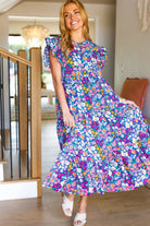 Haptics Just A Dream Navy Floral Smocked Ruffle Sleeve Maxi Dress