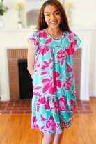 Haptics Diva Dreaming Aqua & Fuchsia Floral Print Tiered Ruffle Sleeve Dress Final Sale Haptics