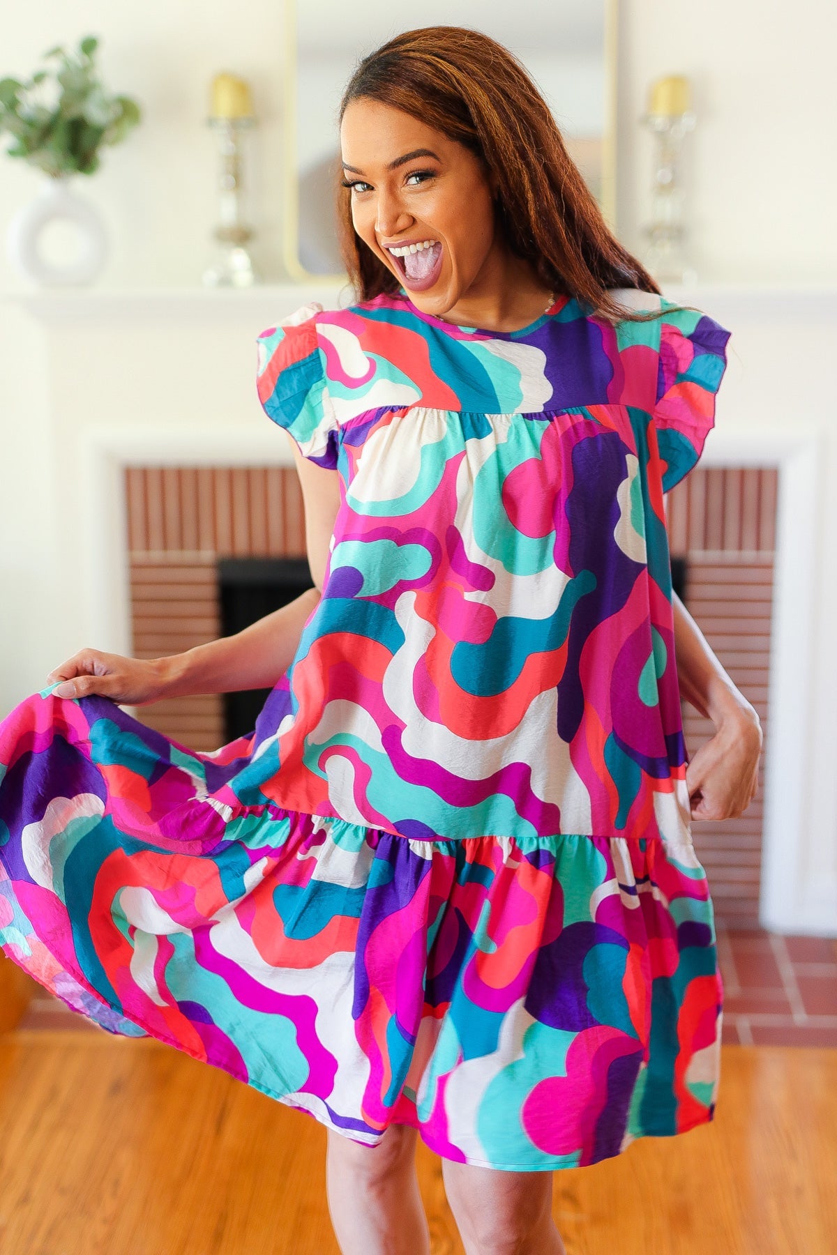 Haptics Go For Fun Fuchsia Geo Print Tiered Ruffle Sleeve Woven Dress
