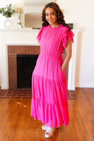 Haptics Perfectly You Hot Pink Mock Neck Tiered Chiffon Maxi Dress Haptics