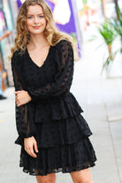 Haptics Holiday Vixen Black Chiffon Swiss Dot V Neck Tiered Ruffle Dress Haptics