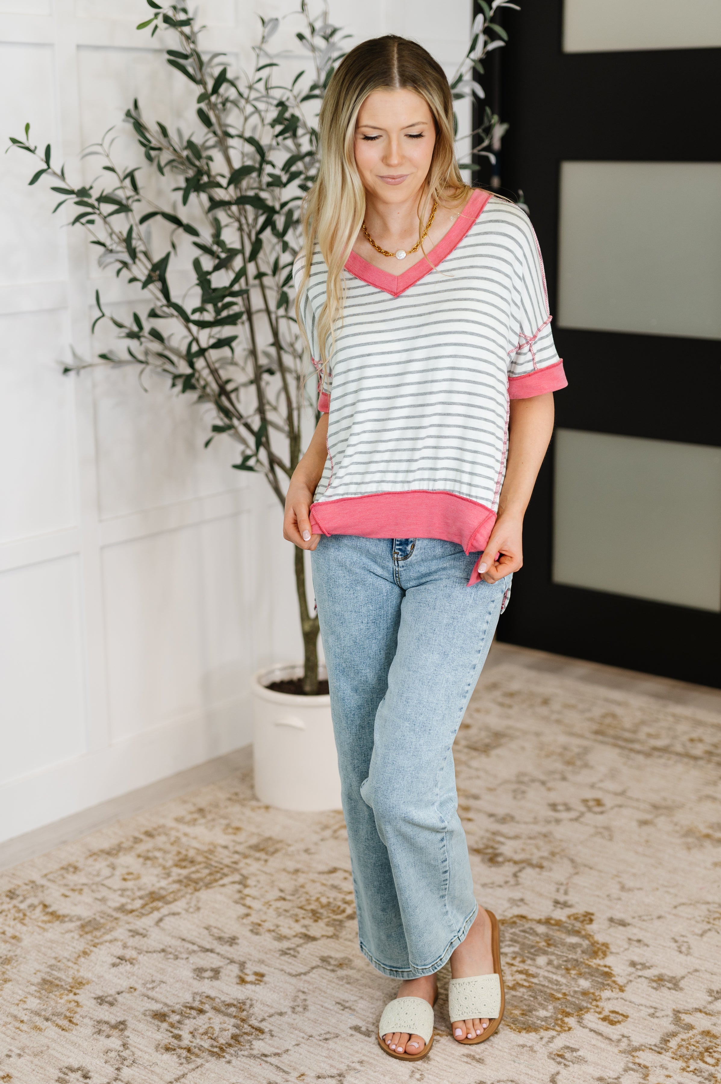 Haptics Dressed to Chill V-Neck Top in Heather/Grey/Ivory/Pink Womens