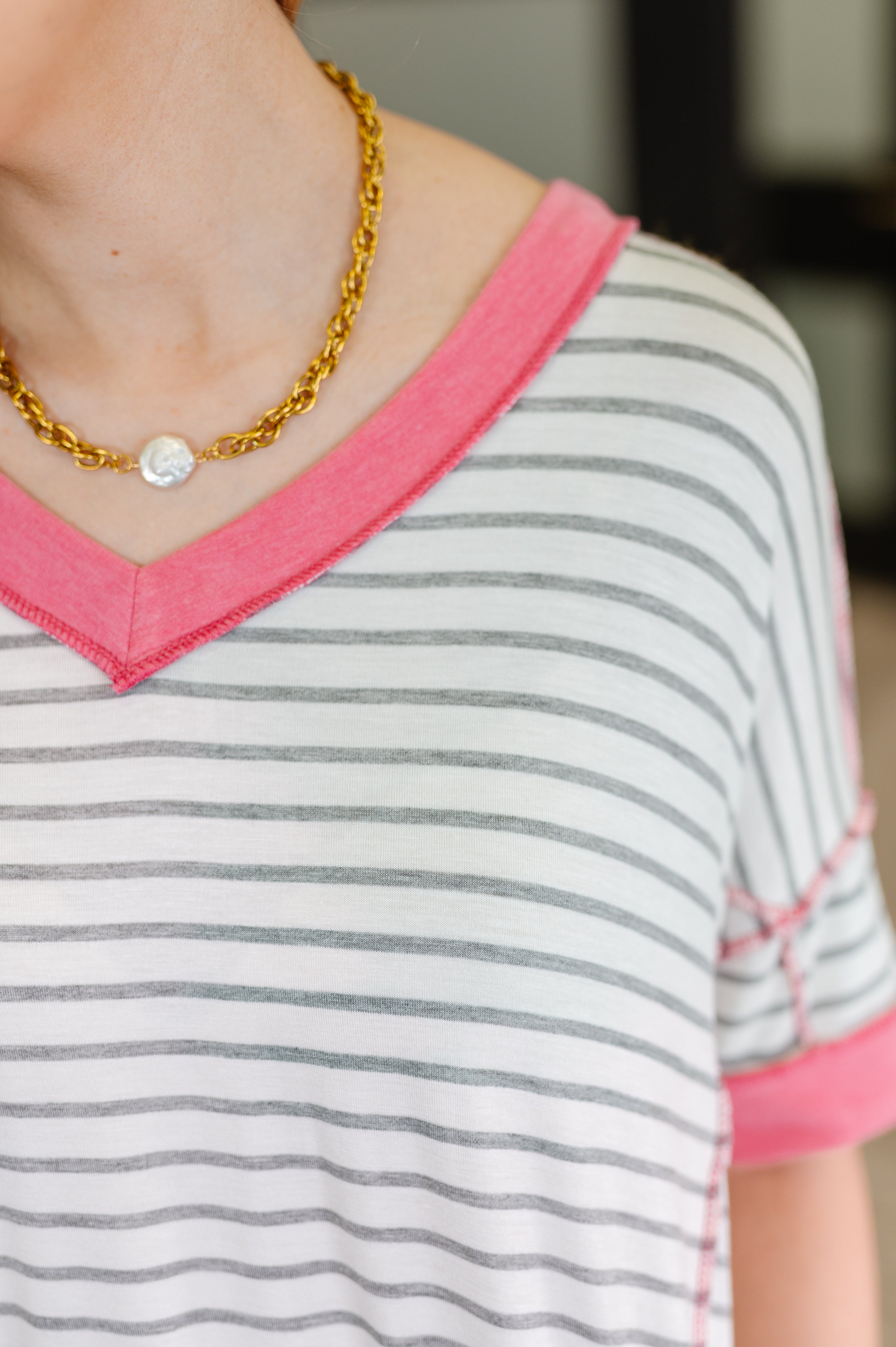 Haptics Dressed to Chill V-Neck Top in Heather/Grey/Ivory/Pink Womens