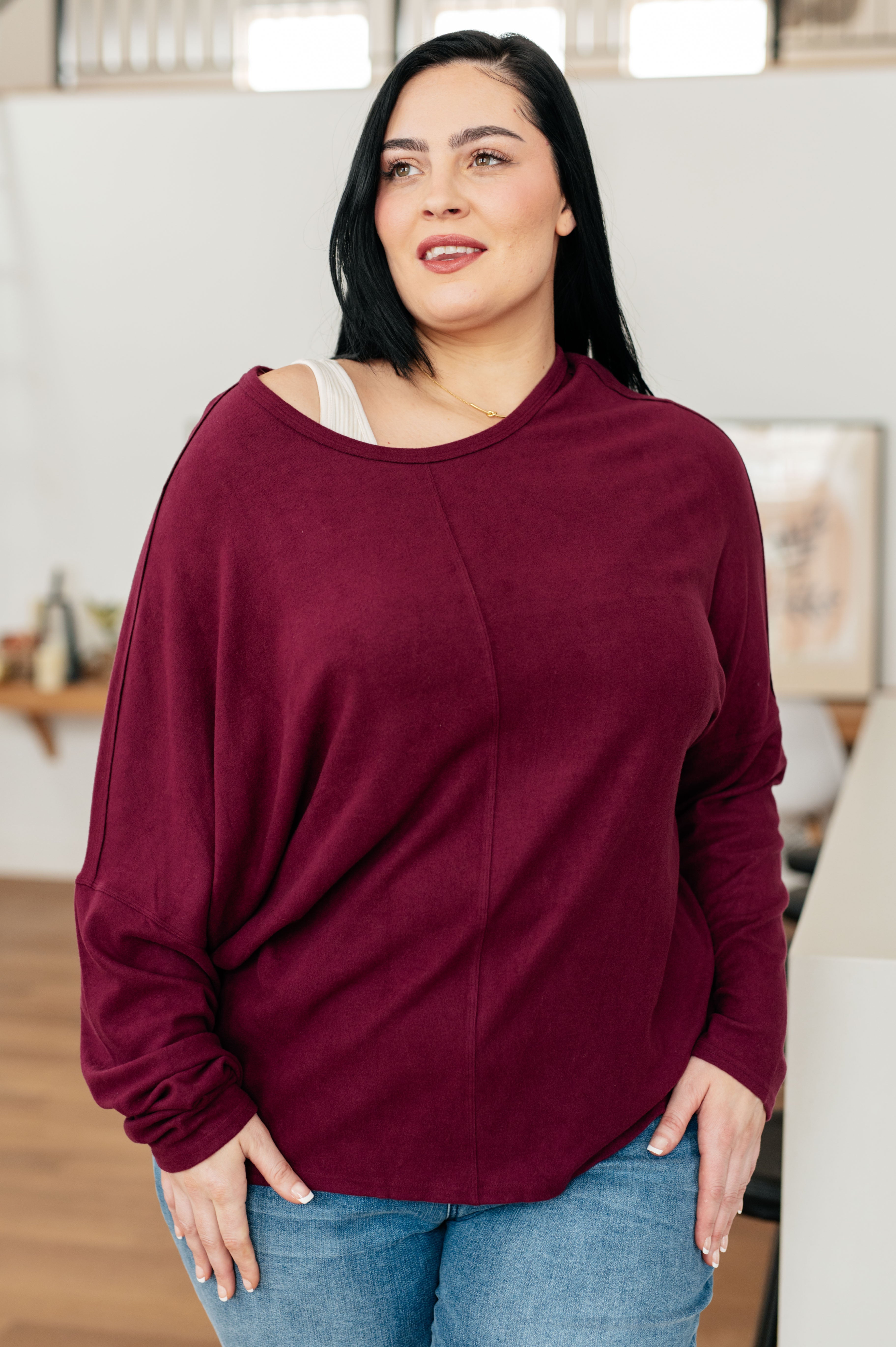 Drive Downtown Dolman Sleeve Top in Wine Tops