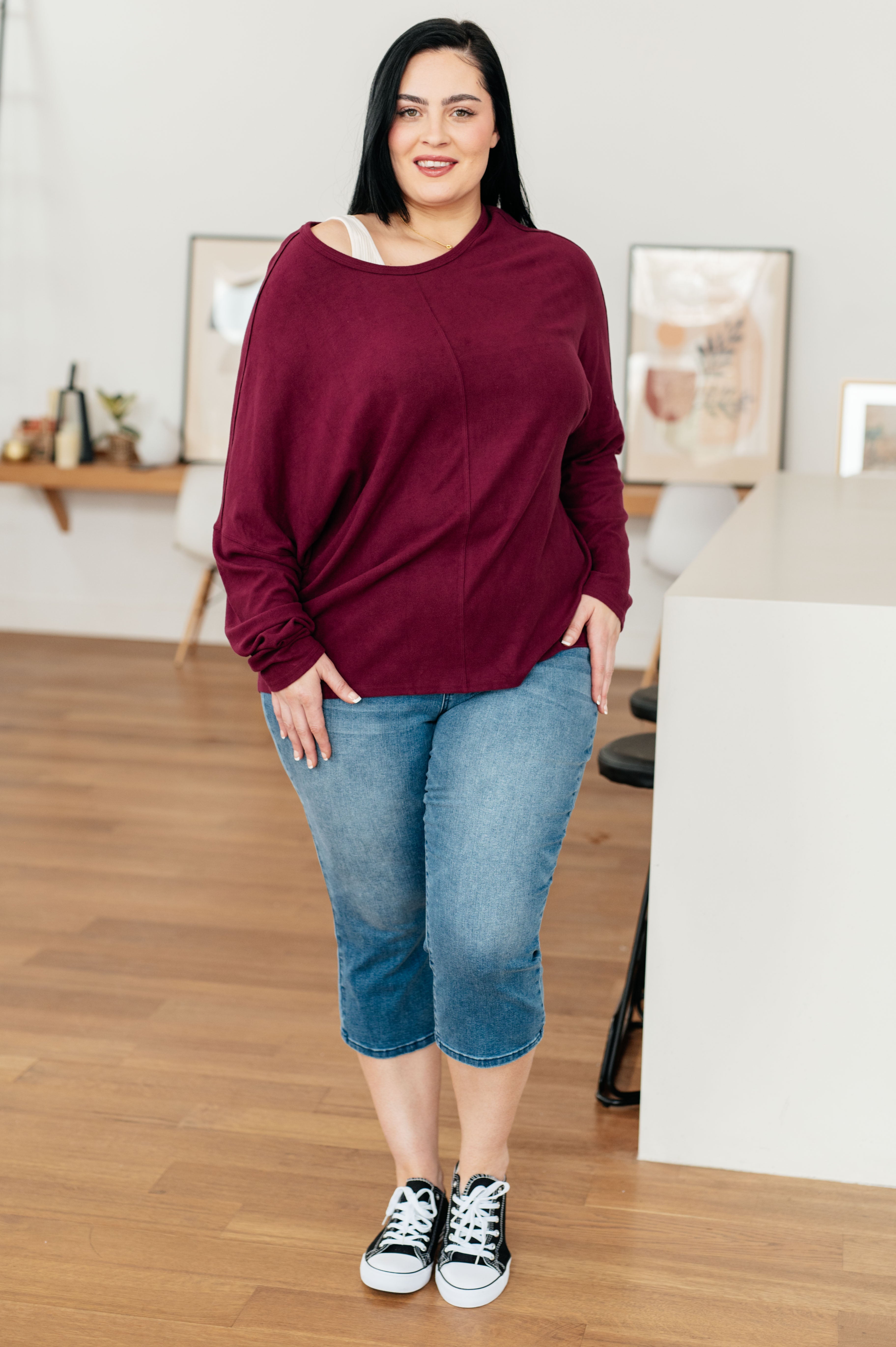 Drive Downtown Dolman Sleeve Top in Wine Tops