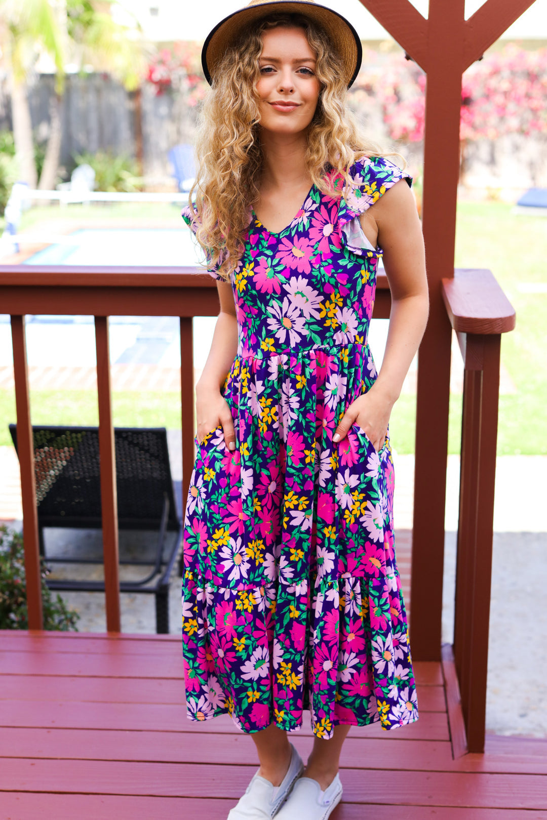 Haptics Diva Dreams Navy & Lilac Floral Fit & Flare Midi Dress Dresses