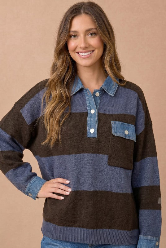 Haptics Blueberry Fields Striped Denim Collar Sweater in Brown & Slate Blue