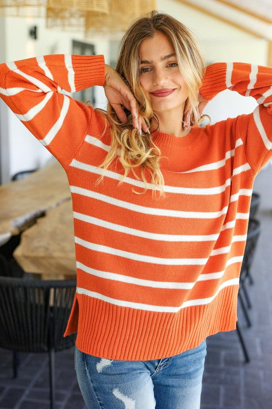 Haptics Stand Out Rust Striped Oversized Knit Sweater Haptics