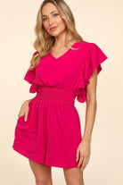 Haptics Feeling Femme' Fuchsia Smocked Waist V Neck Flutter Sleeve Romper Haptics