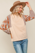 Haptics Oatmeal & Rust Plaid Balloon Sleeve Pullover