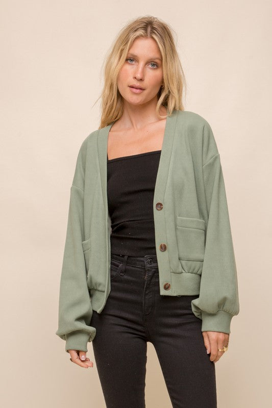 Hem & Thread Green V-Neck Button Down Puff Sleeve Cropped Cardigan Large Cardigan