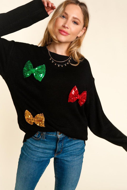 Haptics Black Multicolor Sequin Bow Knit Sweater Haptics