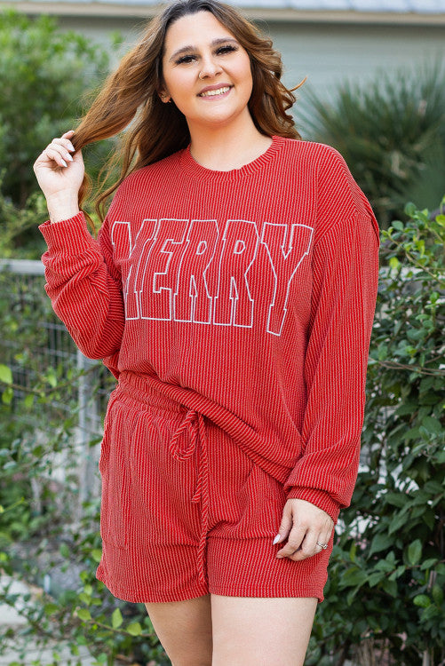 Preorder: Ruby Idol MERRY Ribbed Round Neck Long Sleeve Top and Shorts Lounge Set Deep Red Trendsi