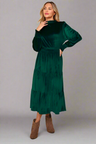 Haptics Hunter Green Velvet Mock Neck Smocked Waist Dress Haptics