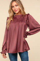 Haptics Wine Satin Shirred Yoke Frilled Mock Neck Top Shirts & Tops