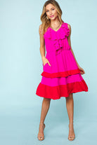 Haptics Fuchsia Ruffle V Neck Crepe Tiered Midi Dress