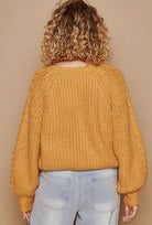 POL Honey Mustard Cable Knit Key Hole Cutout Balloon Sleeve Sweater Trendsi