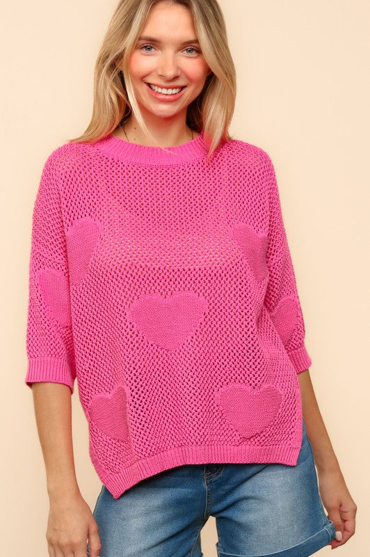 Haptics Pink Heart Netted Crochet Sweater Top Shirts & Tops