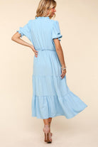 Haptics Sky Blue Frill Notch Neck Shirred Waist Tiered Maxi Dress Dresses