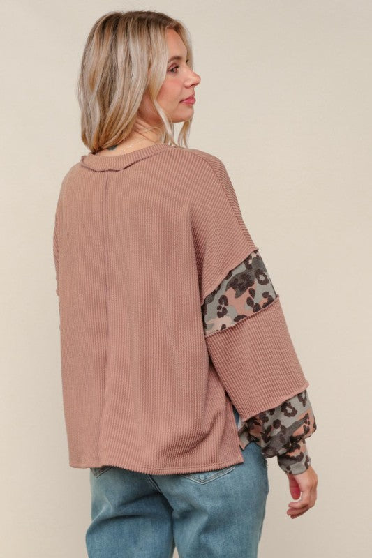 Haptics Taupe & Olive Soft Camo/Leopard Knit Top