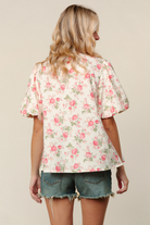 Haptics Pleated Ribbon Floral Bubble Short Sleeve Top