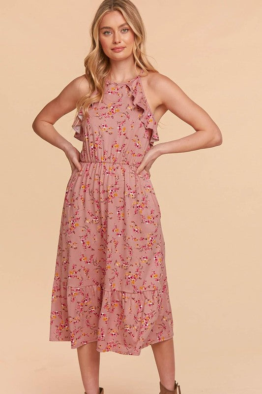 Haptics Rose Floral Halter Ruffle Hem Pocketed Midi Dress Final Sale Haptics