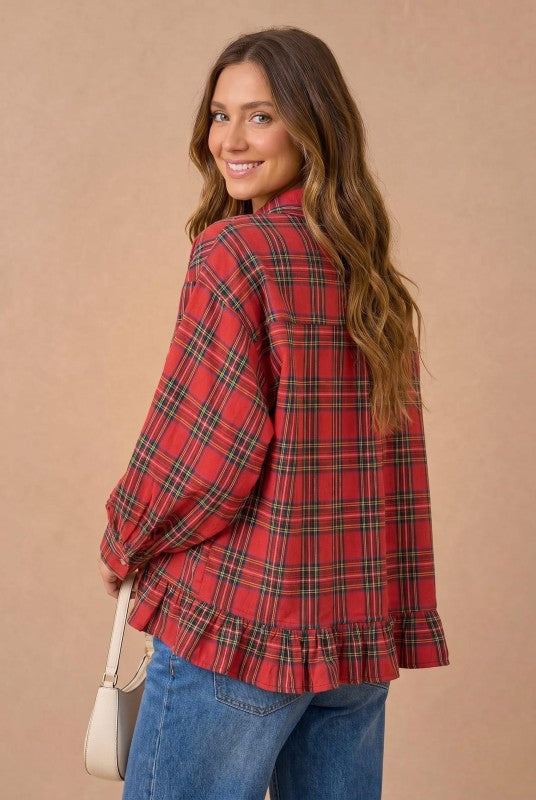 Ruffle the Rules Plaid Flannel Top in Red