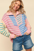 Haptics Blush & Blue Stripe Half Zip Up Oversized Sweater Shirts