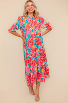 Haptics Orange & Aqua Floral Smocked Notched Neck Midi Dress
