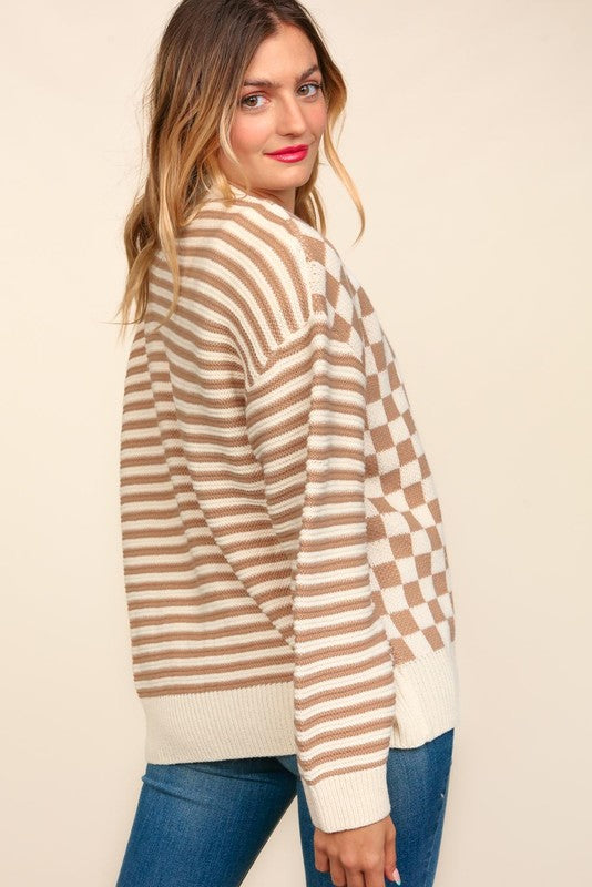 Haptics Taupe Checkered & Striped Button Down Cardigan Haptics