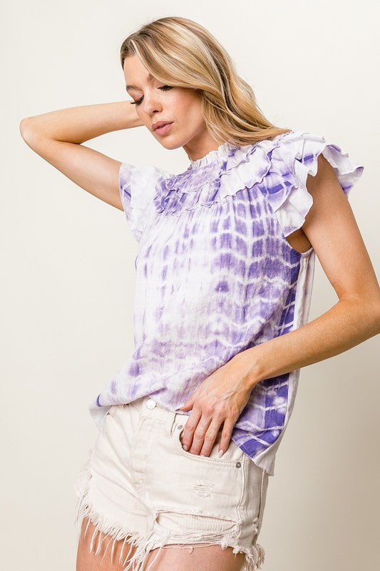 BiBi Tiered Ruffle Neck Tie Dye Top