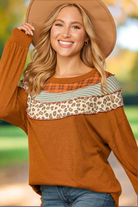 Haptics Rust Plaid & Leopard Color Block Tone Hacci Pullover Haptics