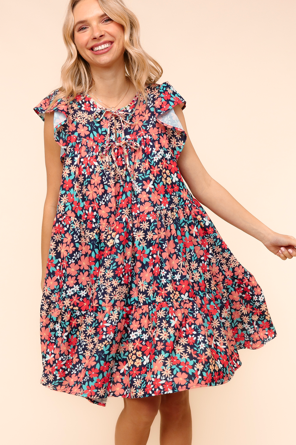 Petal to the Metal Flutter Sleeve Dress in Navy/Coral Womens