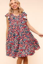Petal to the Metal Flutter Sleeve Dress in Navy/Coral Womens