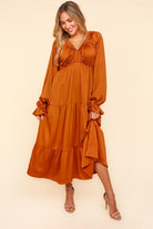 Haptics Elegant Rust Elastic V Neck Tiered Satin Maxi Dress Haptics