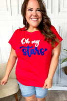 Haptics Oh My Stars Red Embroidered French Terry Dolman Top Haptics